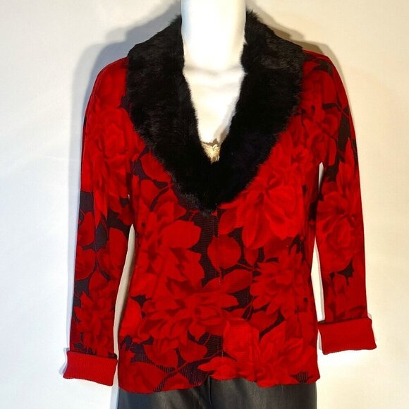 WR SZXL Fur Collar (Removable) Red/ Black Floral cardigan Chic Whimdigoth Formal - Picture 1 of 10